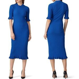 VEDA Figgy Dress Womens XL Blue Knit Ribbed Sheath Midi Short Sleeve Cotton Wool